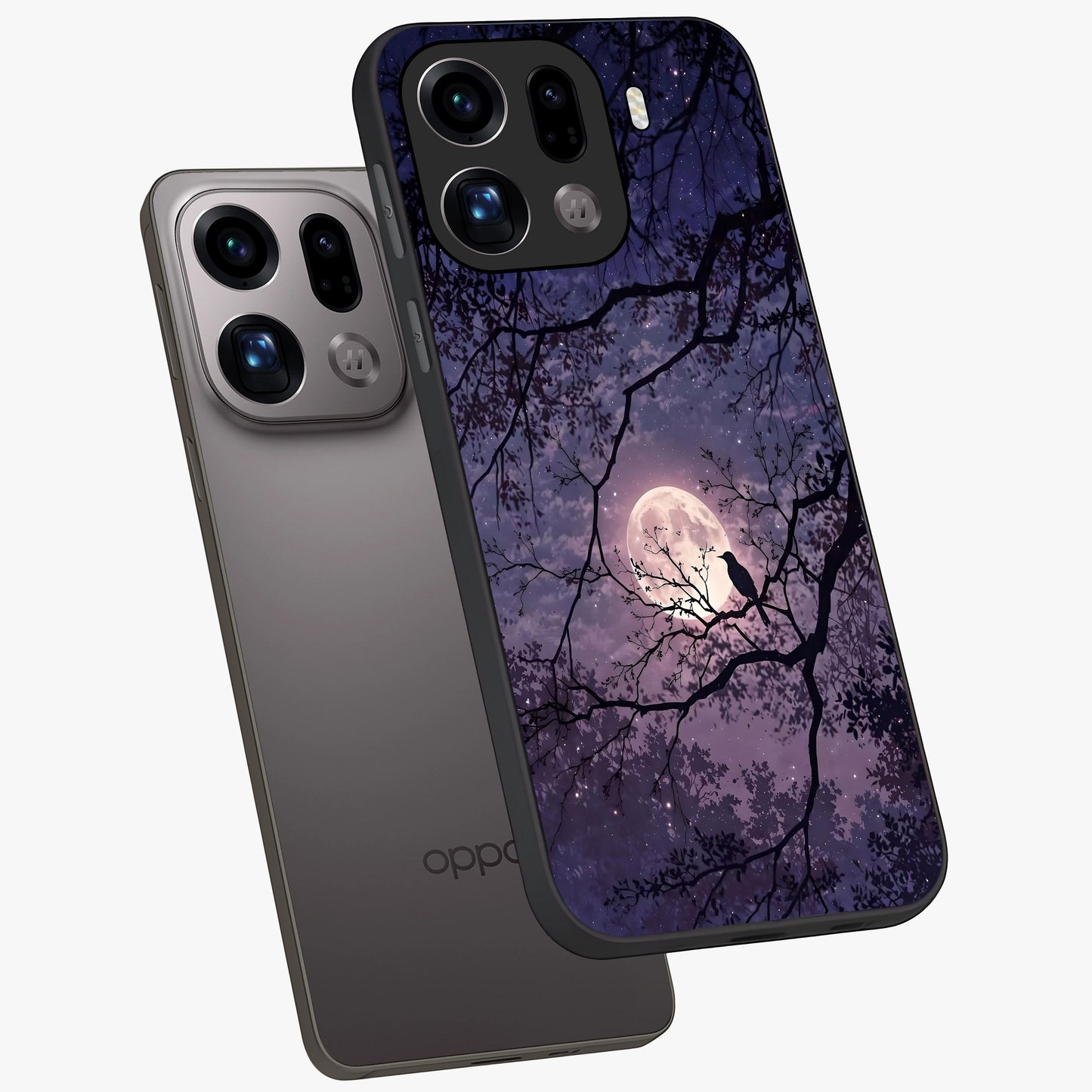 Whispering Moon Silence Glass Case displayed in angled mockup highlighting calm lunar design with dreamy night aesthetic.