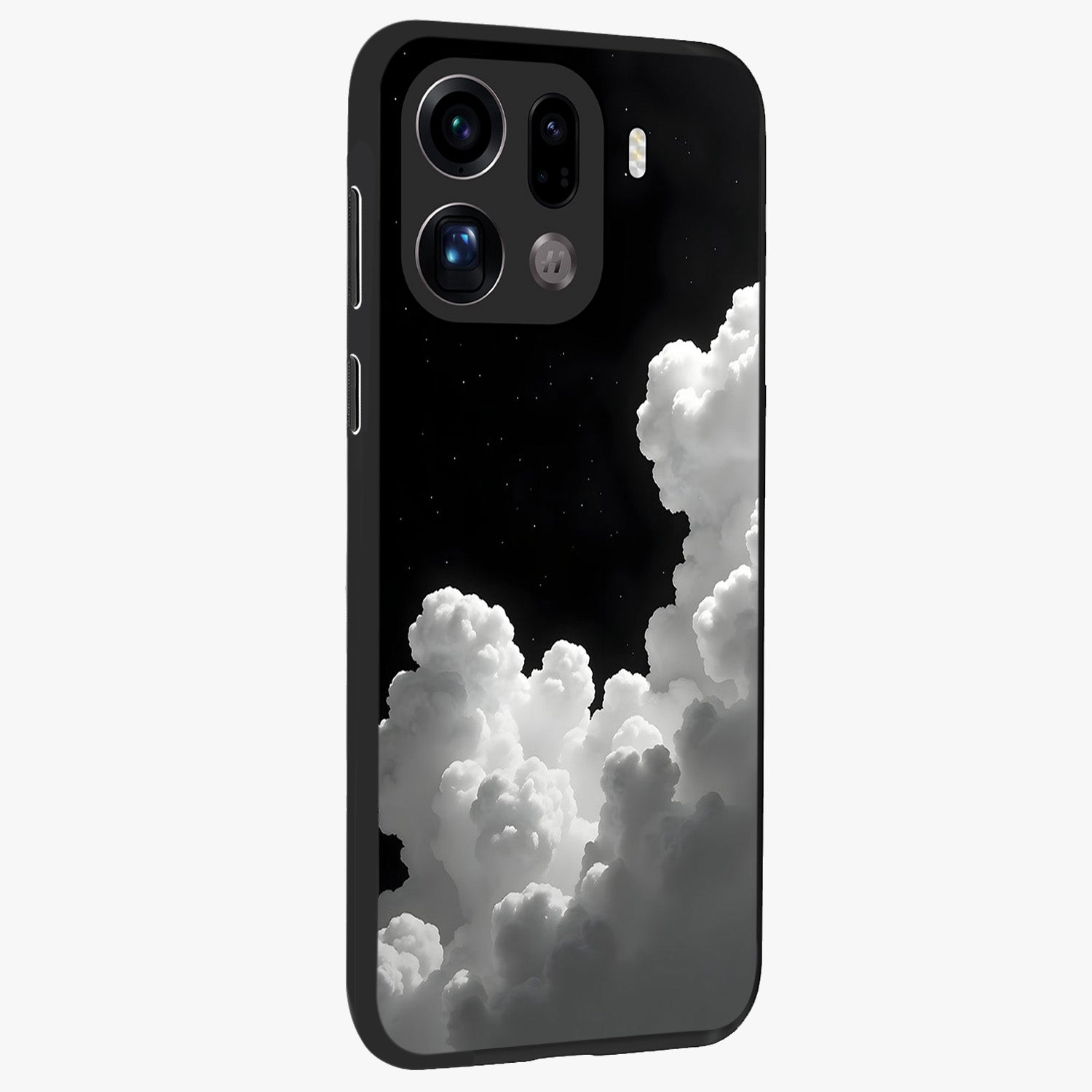 Black Background With White Cloud Glass Case upright view showcasing calm cloud aesthetic with modern minimal style.