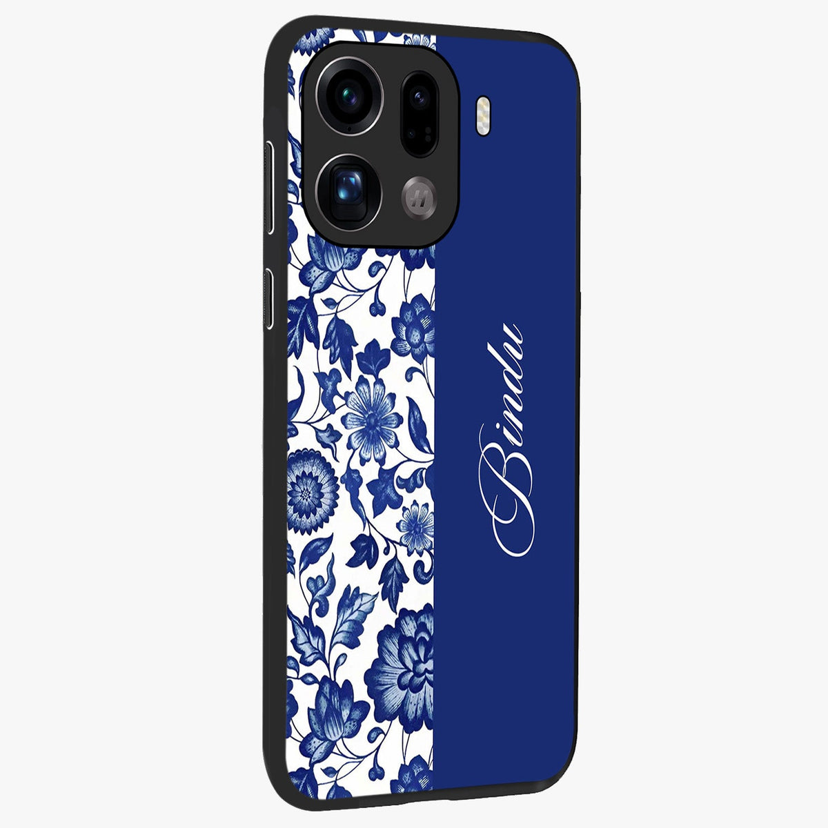 Blue Vintage Floral Pattern Glass Case upright view showcasing delicate blush floral texture with modern minimal style.