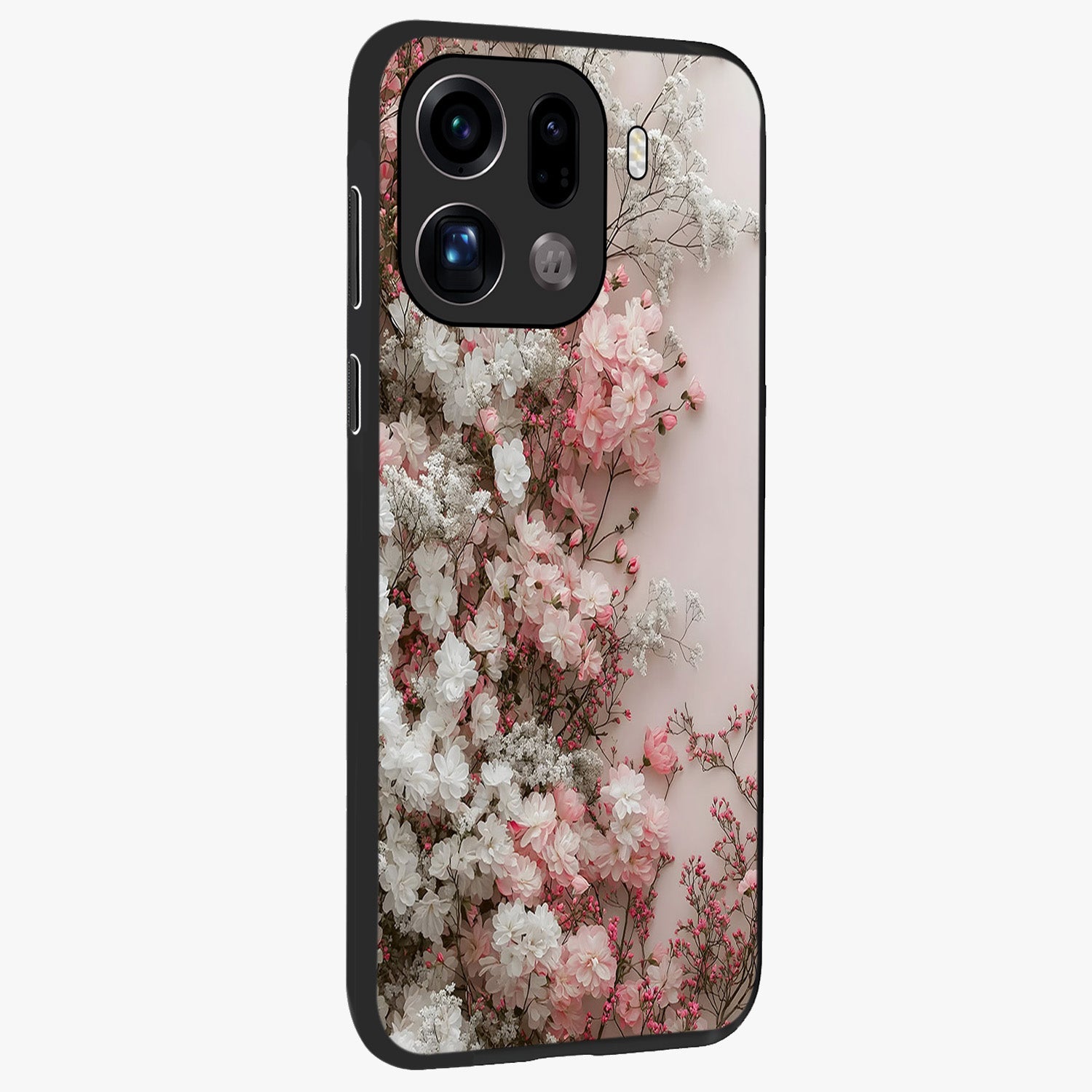 Blush Blossom Cloud Glass Case upright view showcasing calm floral cloud artwork with gentle dreamy theme.