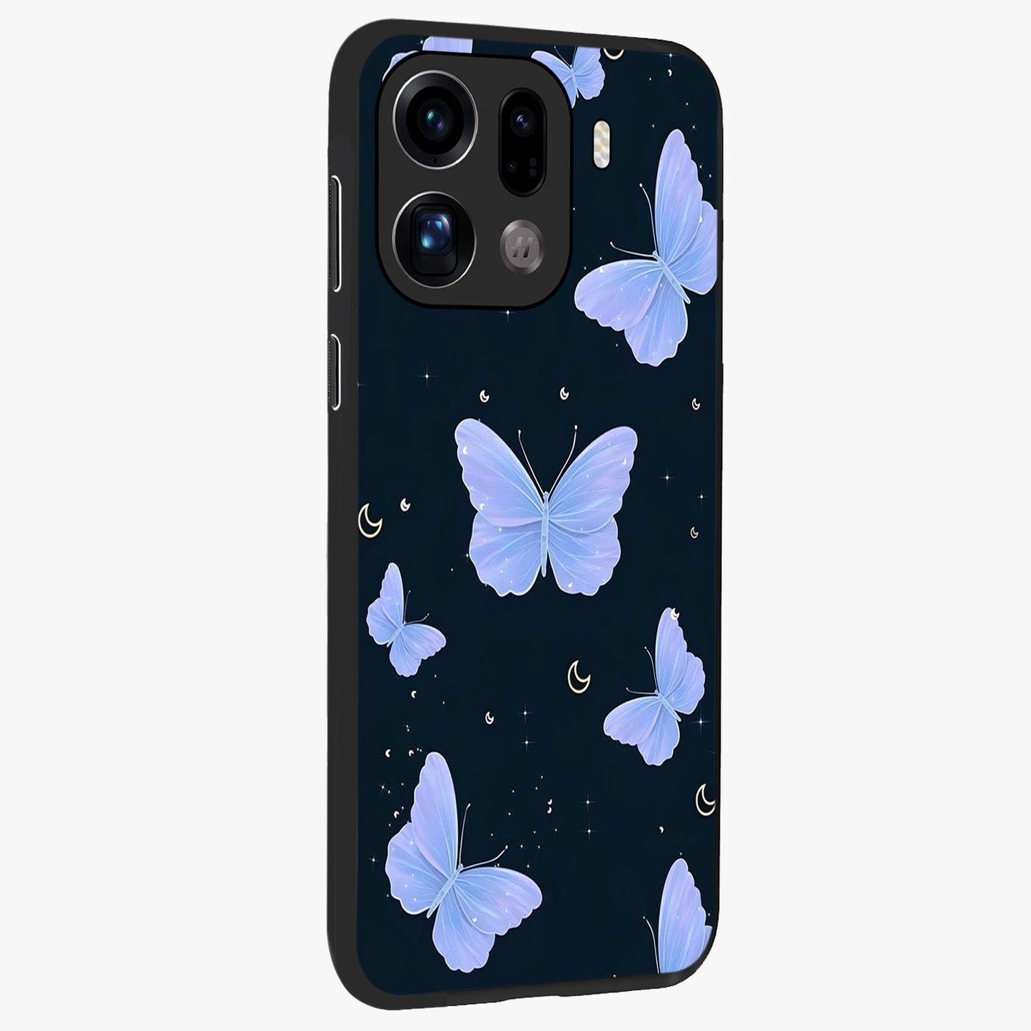 Butterfly With Stars Pattern Glass Case upright view showcasing celestial butterfly artwork with sparkling star elements.