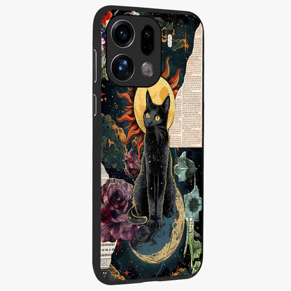 Celestial Black Cat Glass Case upright view showcasing magical black cat illustration with starry cosmic theme.