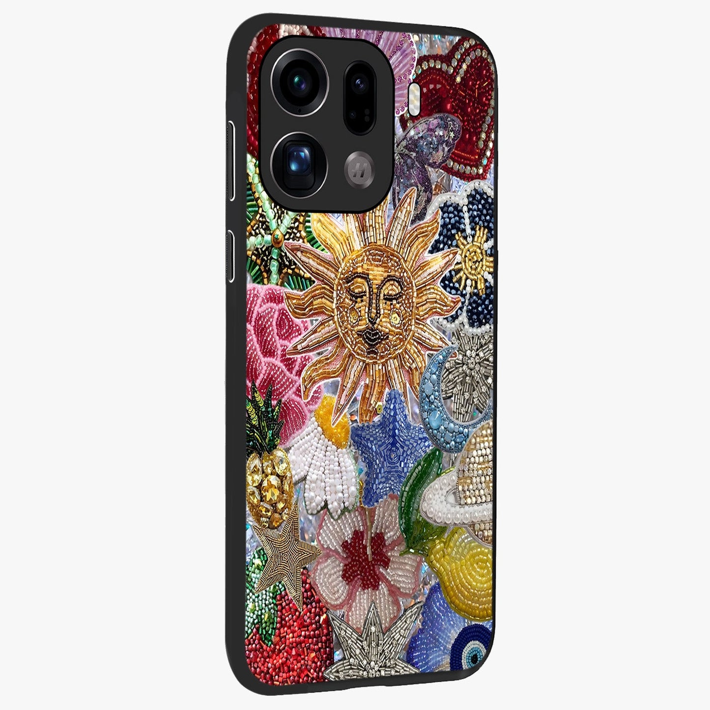 Celestial Floral and Playful Glass Case upright view showcasing whimsical floral artwork with cosmic aesthetic theme.