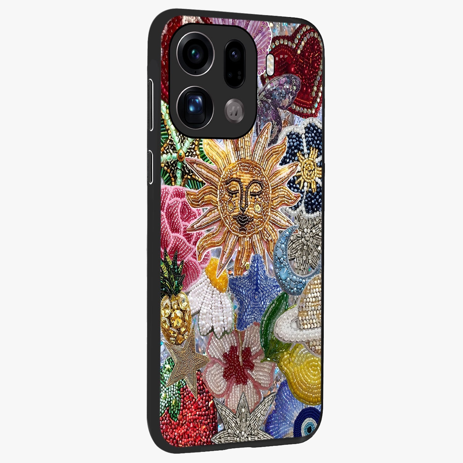 Celestial Floral and Playful Glass Case upright view showcasing whimsical floral artwork with cosmic aesthetic theme.
