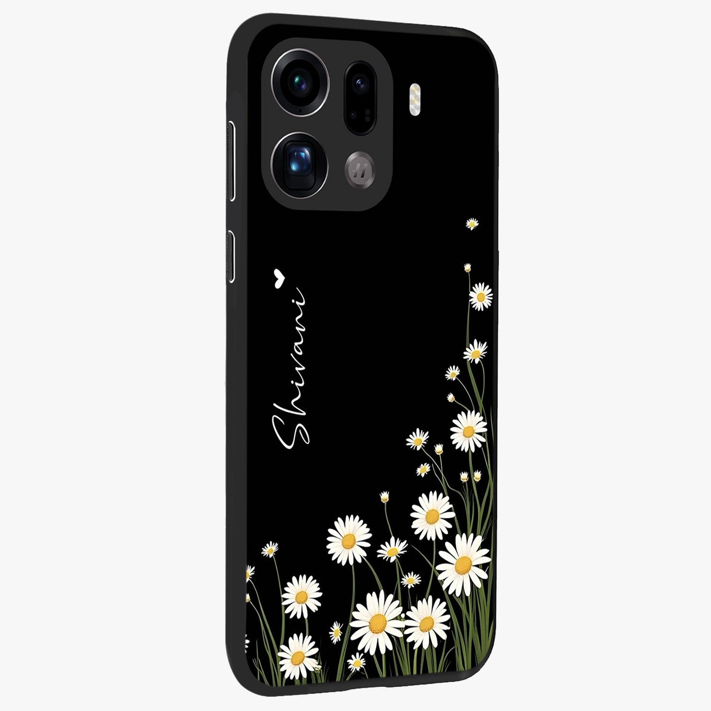 Daisy Cascade Custom Name Glass Case upright view showcasing elegant floral cascade design with personalized aesthetic.