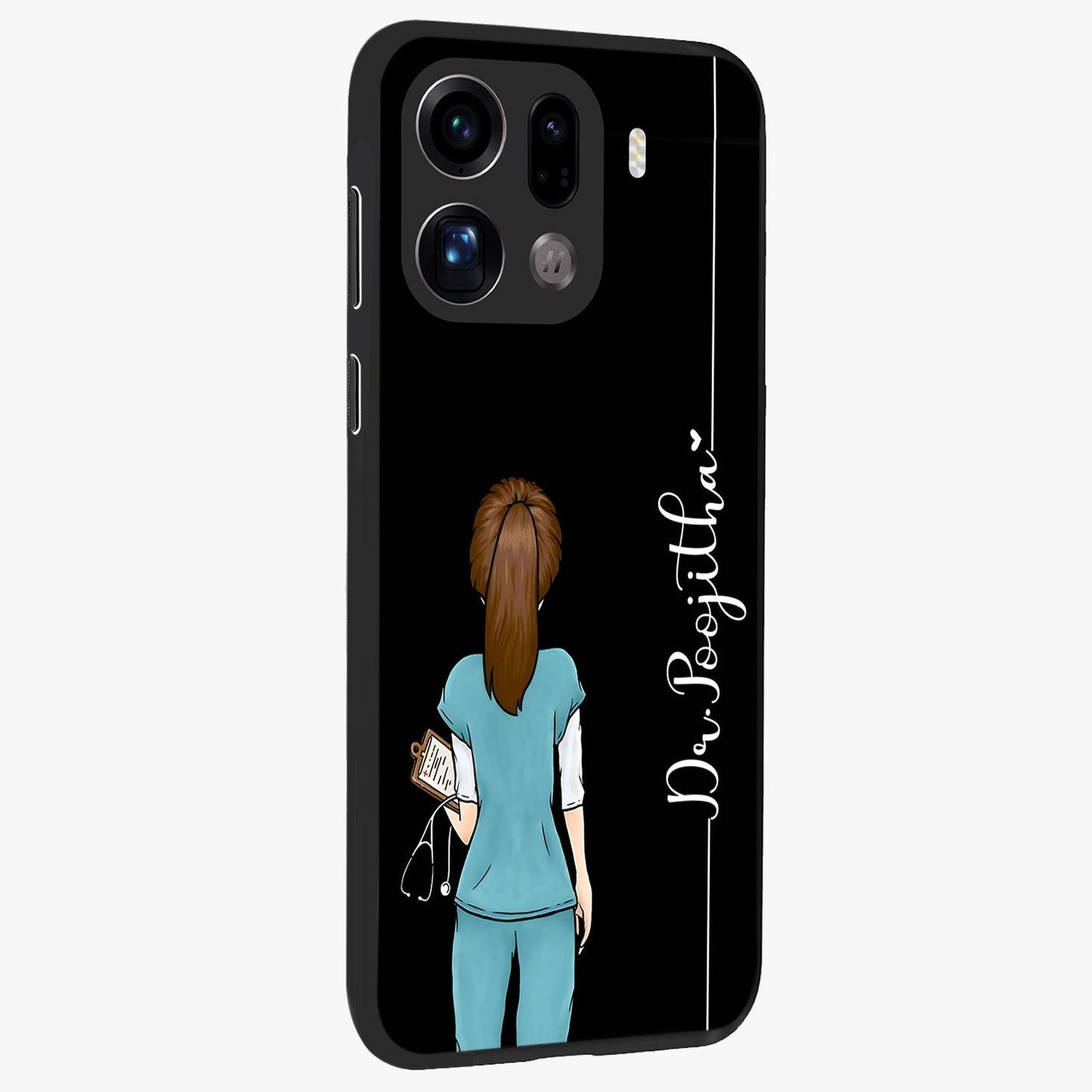 Doctor Pattern Custom Name Glass Case upright view showcasing healthcare themed design with personalized aesthetic.