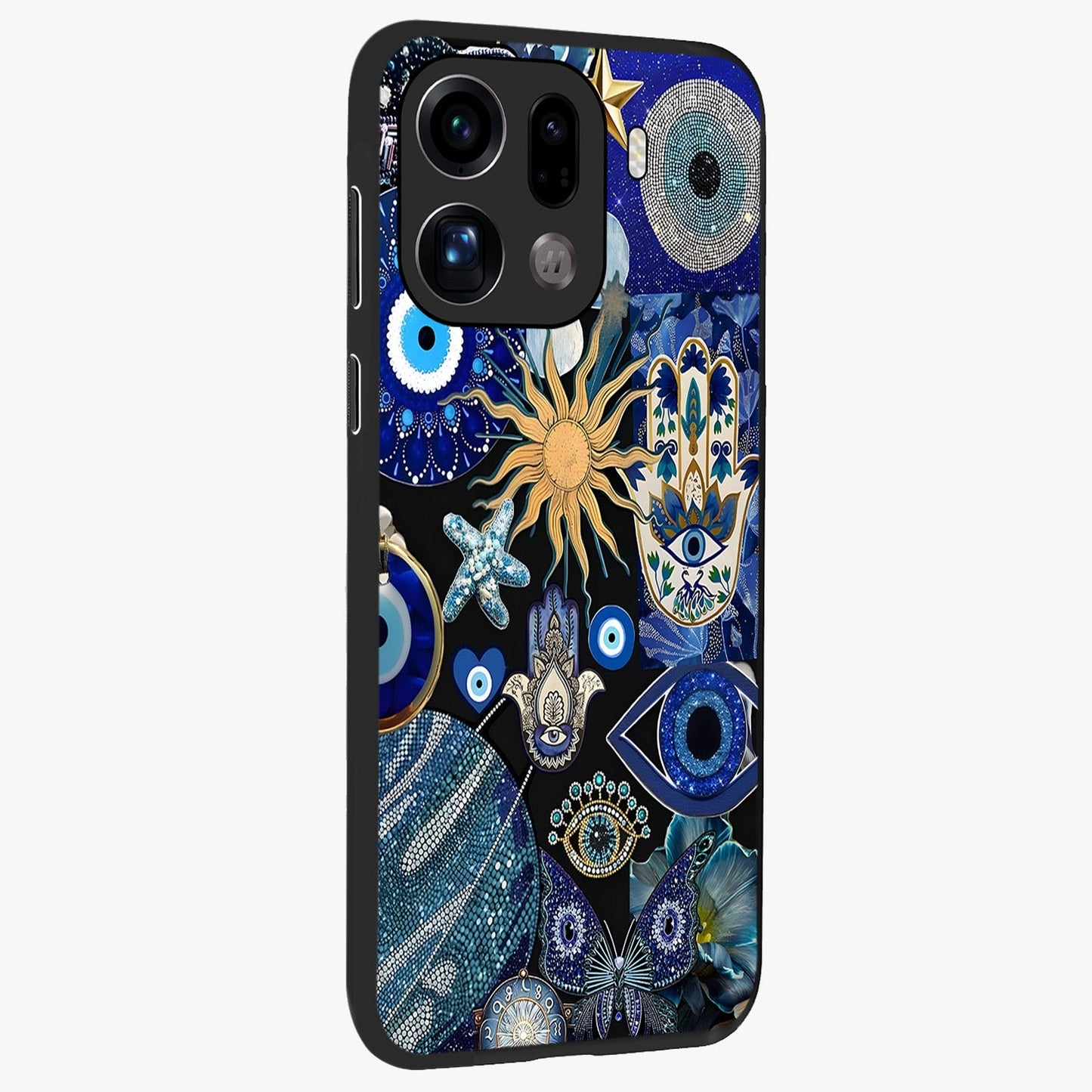 Evil Eye Charm Mix Glass Case upright view showcasing mystical evil eye pattern with vibrant decorative style.