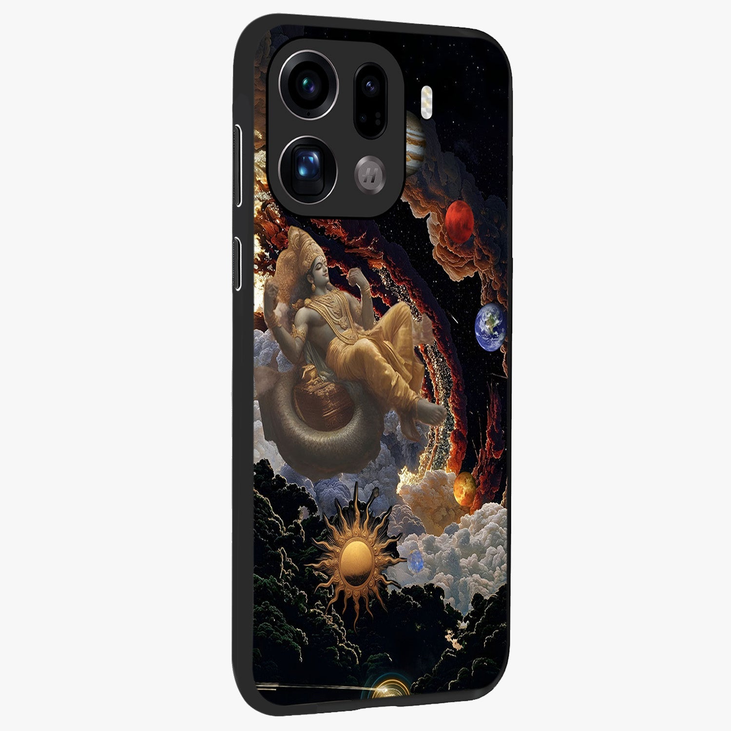Galactic Divine God Glass Case upright view showcasing mystical divine artwork with dramatic cosmic theme.