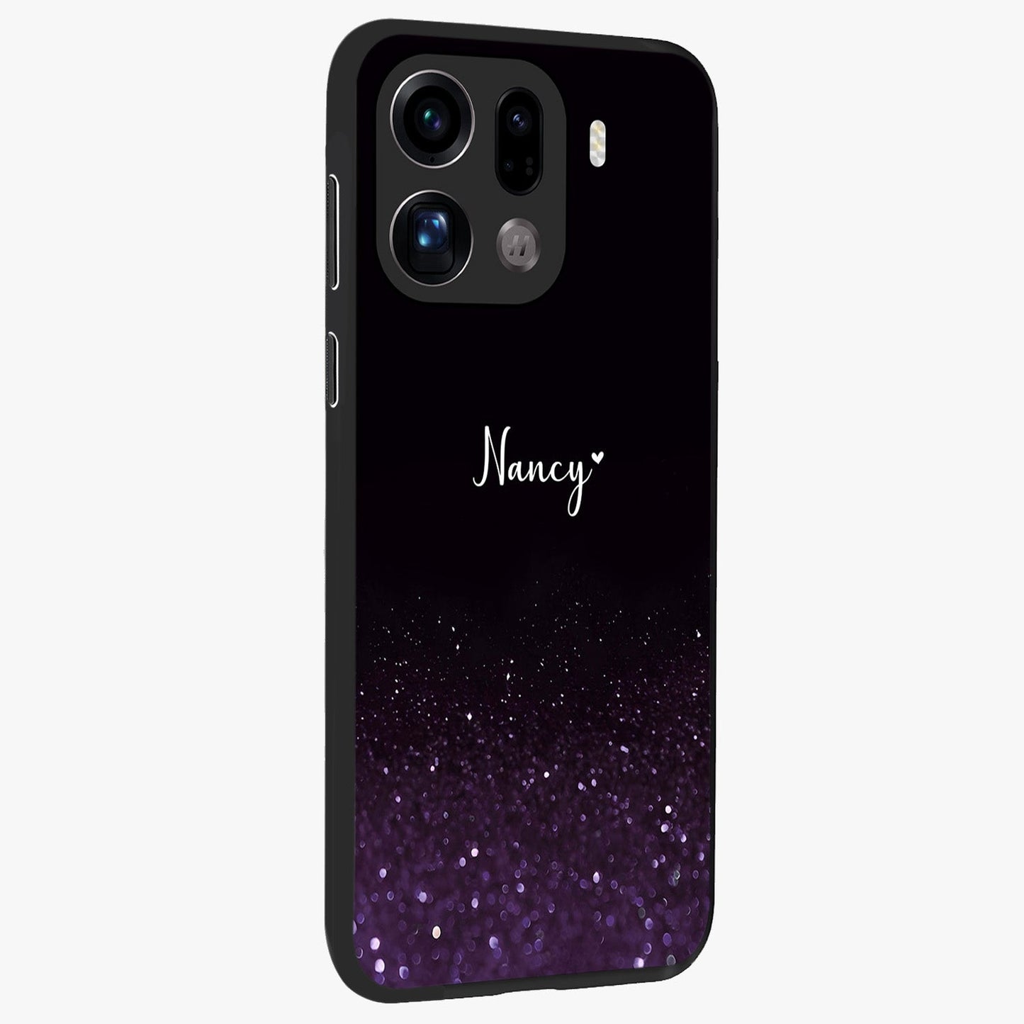 Glittery Purple Bokeh Custom Name Glass Case upright view showcasing vibrant purple sparkle artwork with personalized aesthetic style.