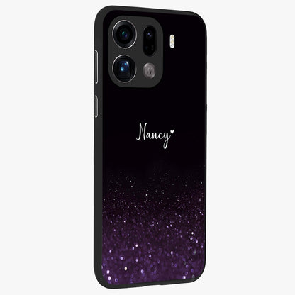 Glittery Purple Bokeh Custom Name Glass Case upright view showcasing vibrant purple sparkle artwork with personalized aesthetic style.