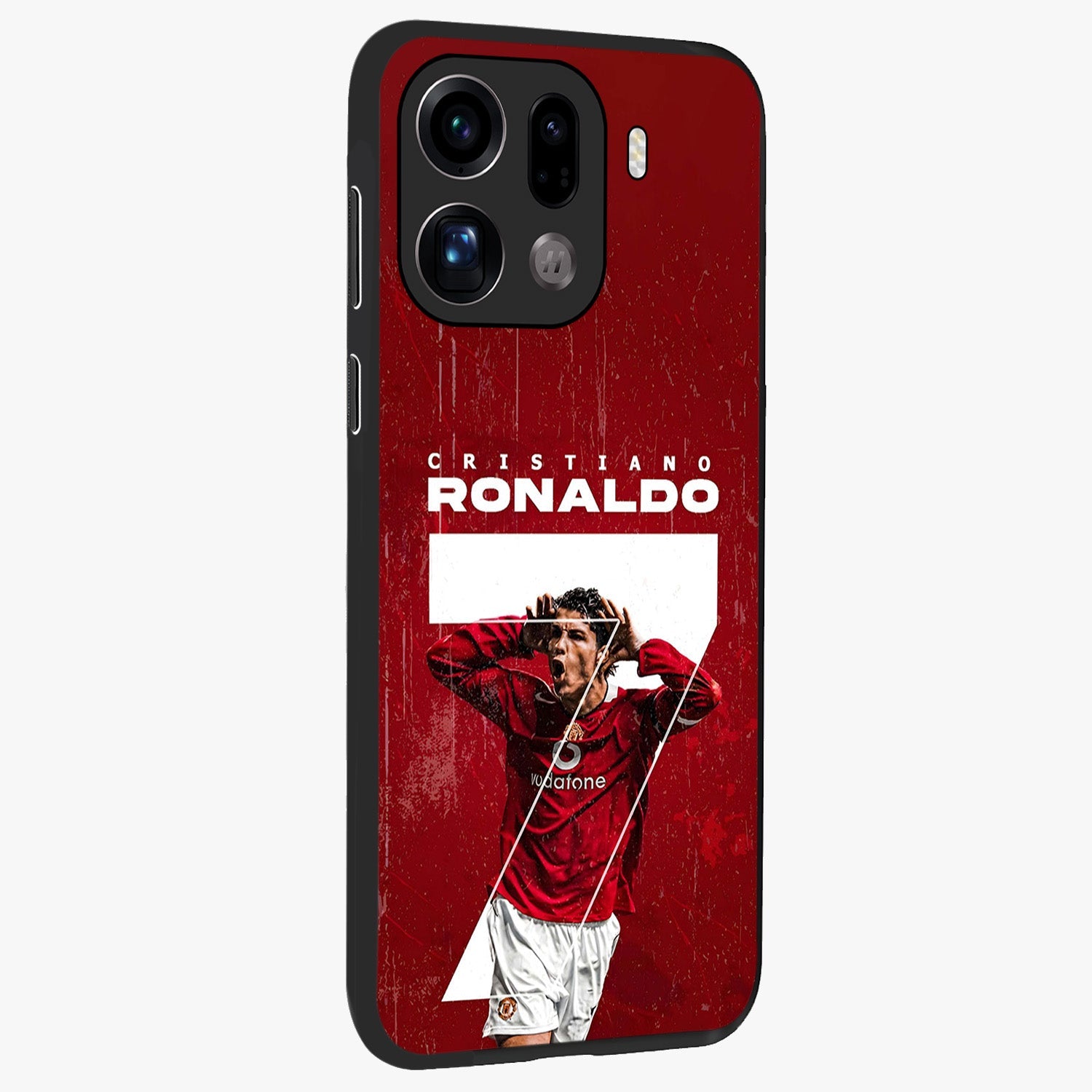 Goal Celebration Legacy Glass Case upright view showcasing dynamic football inspired artwork with victory celebration aesthetic.