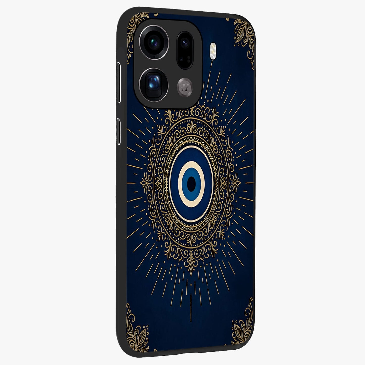 Golden Celestial Charm Glass Case upright view showcasing radiant celestial artwork with elegant golden theme.