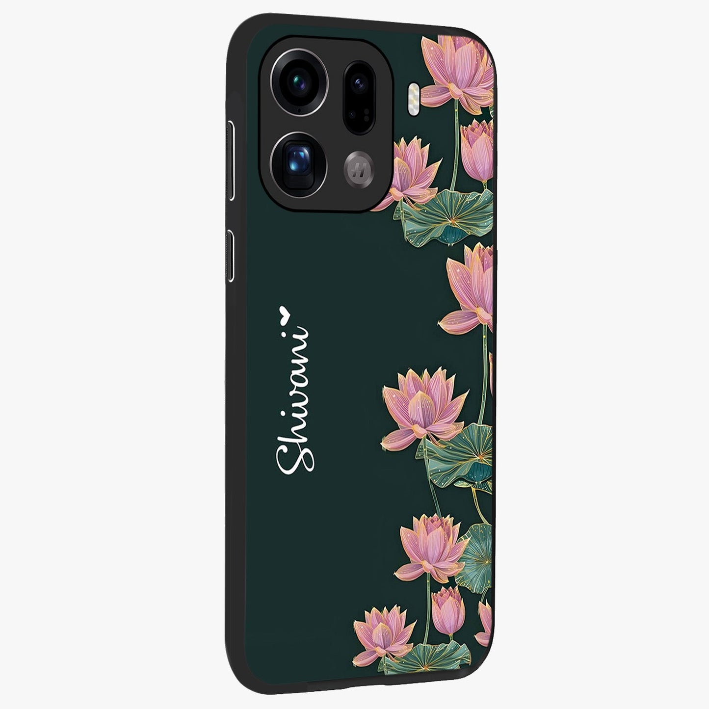 Lotus Bloom Serenity Custom Name Glass Case upright view showcasing serene lotus bloom artwork with personalized floral aesthetic.