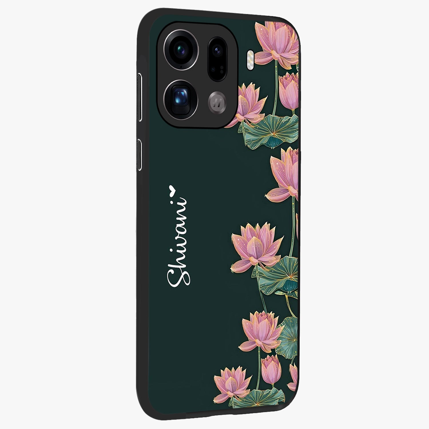 Lotus Bloom Serenity Custom Name Glass Case upright view showcasing serene lotus bloom artwork with personalized floral aesthetic.