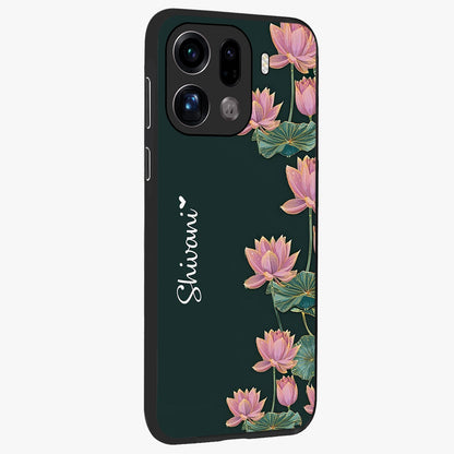 Lotus Bloom Serenity Custom Name Glass Case upright view showcasing serene lotus bloom artwork with personalized floral aesthetic.