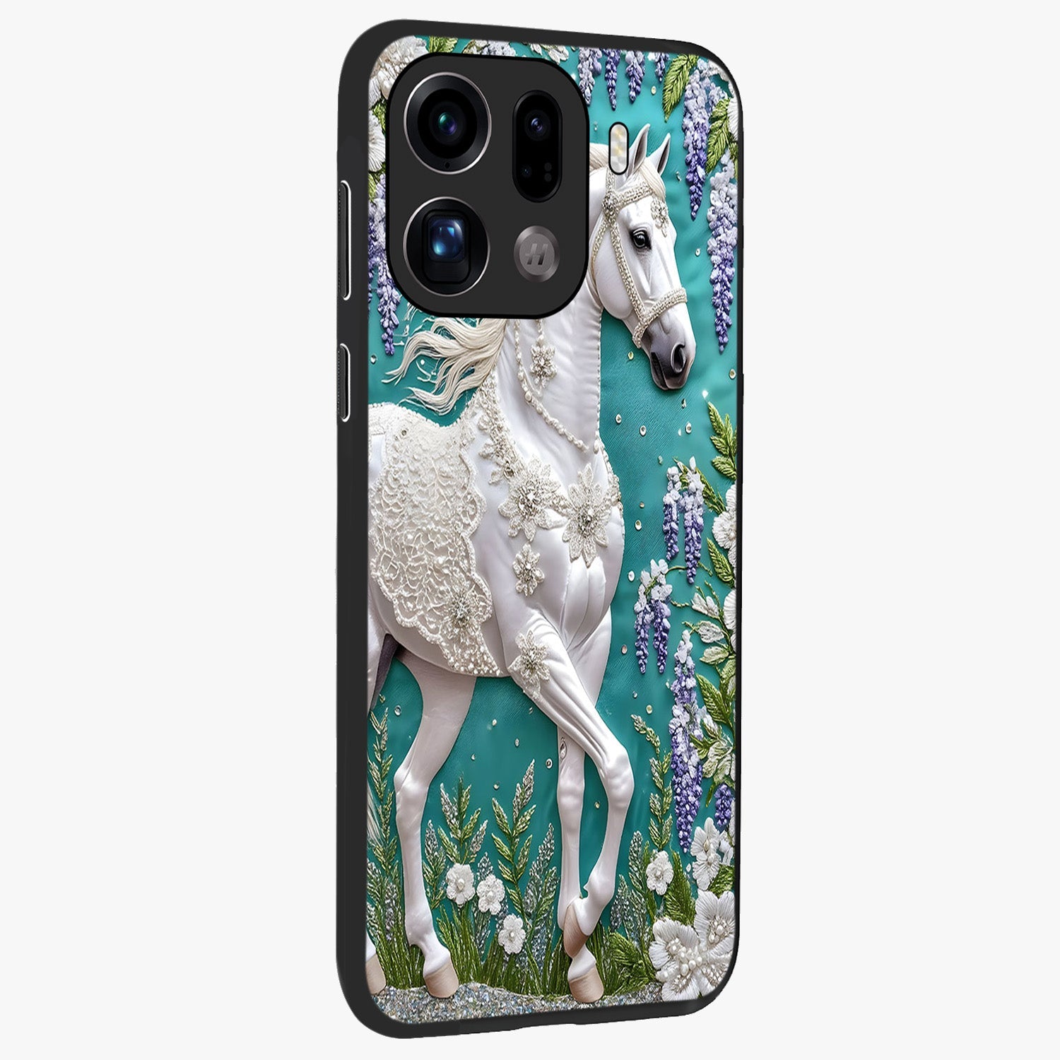 Majestic Floral Stallion Glass Case upright view showcasing dramatic horse artwork with decorative floral theme.