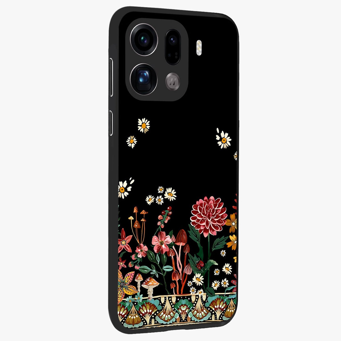 Midnight Bloom Pattern Glass Case upright view showcasing decorative floral artwork with deep night themed palette.