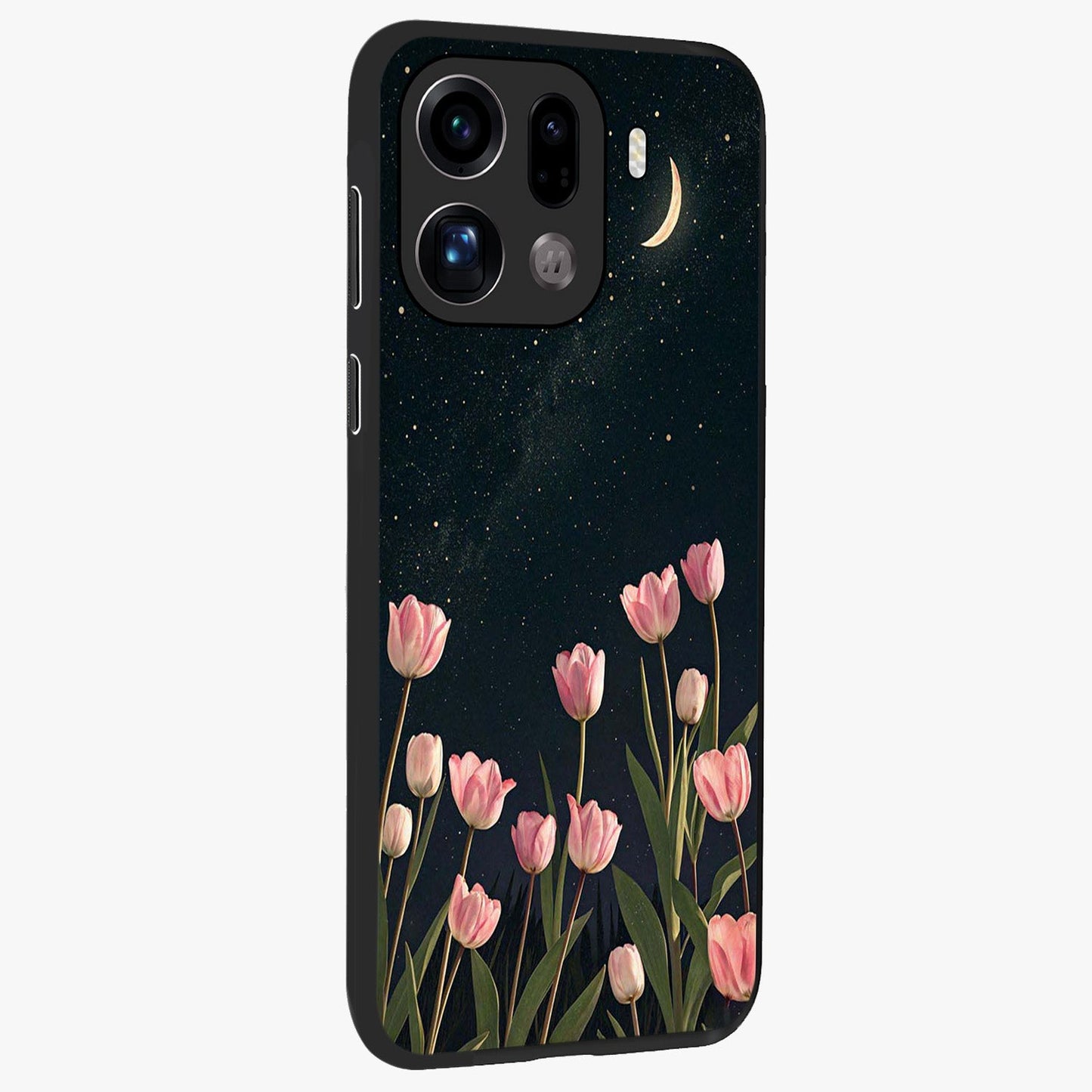 Midnight Tulip Whispers Vibe Glass Case upright view showcasing graceful tulip artwork with calm botanical theme.