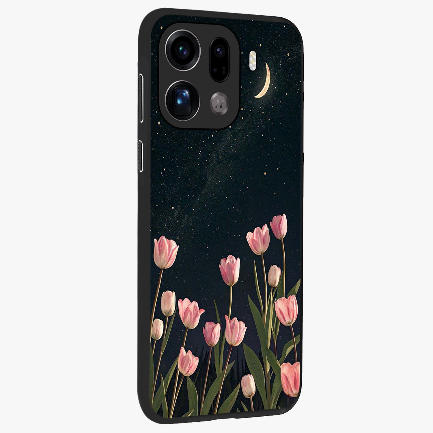 Midnight Tulip Whispers Vibe Glass Case upright view showcasing graceful tulip artwork with calm botanical theme.
