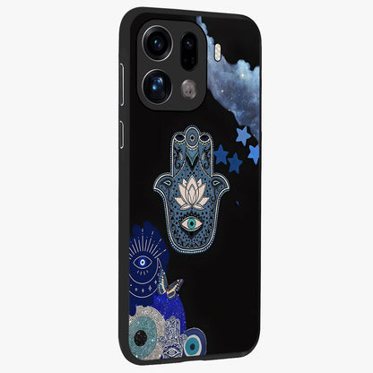 Mystic Hand Aura Glass Case upright view showcasing symbolic hand artwork with mystical energy theme.