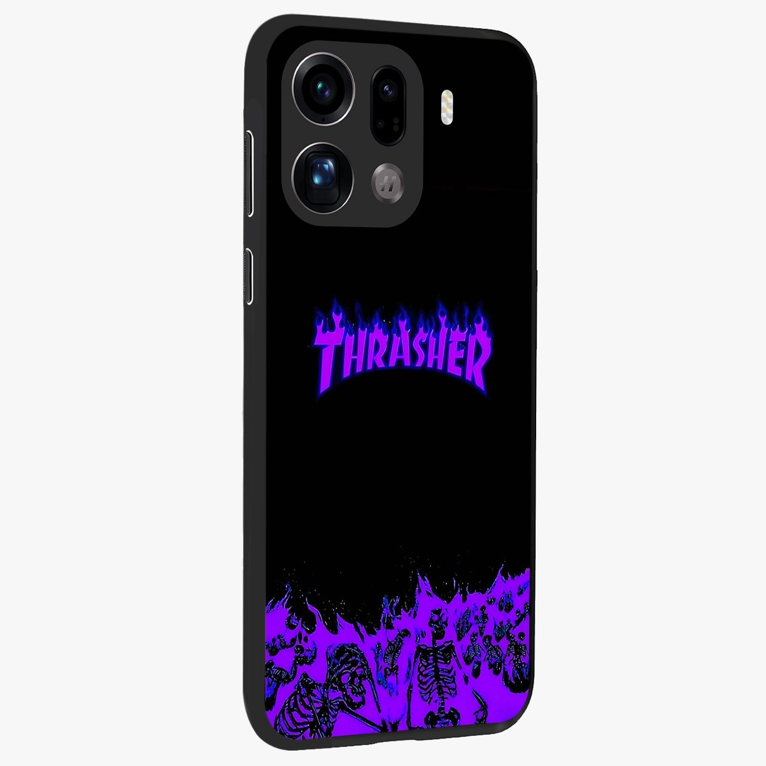 Neon Flame Riot Glass Case upright view showcasing dynamic flame artwork with energetic neon theme.