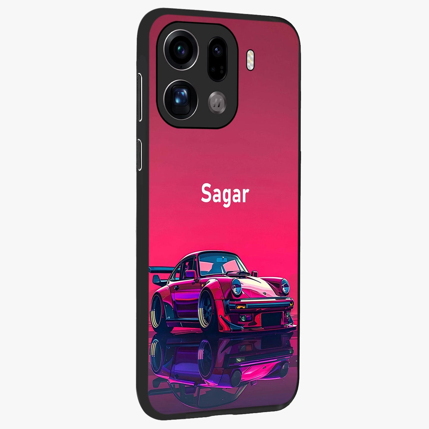 Neon Pink Porsche Glass Case upright view showcasing vibrant sports car artwork with bold automotive theme.