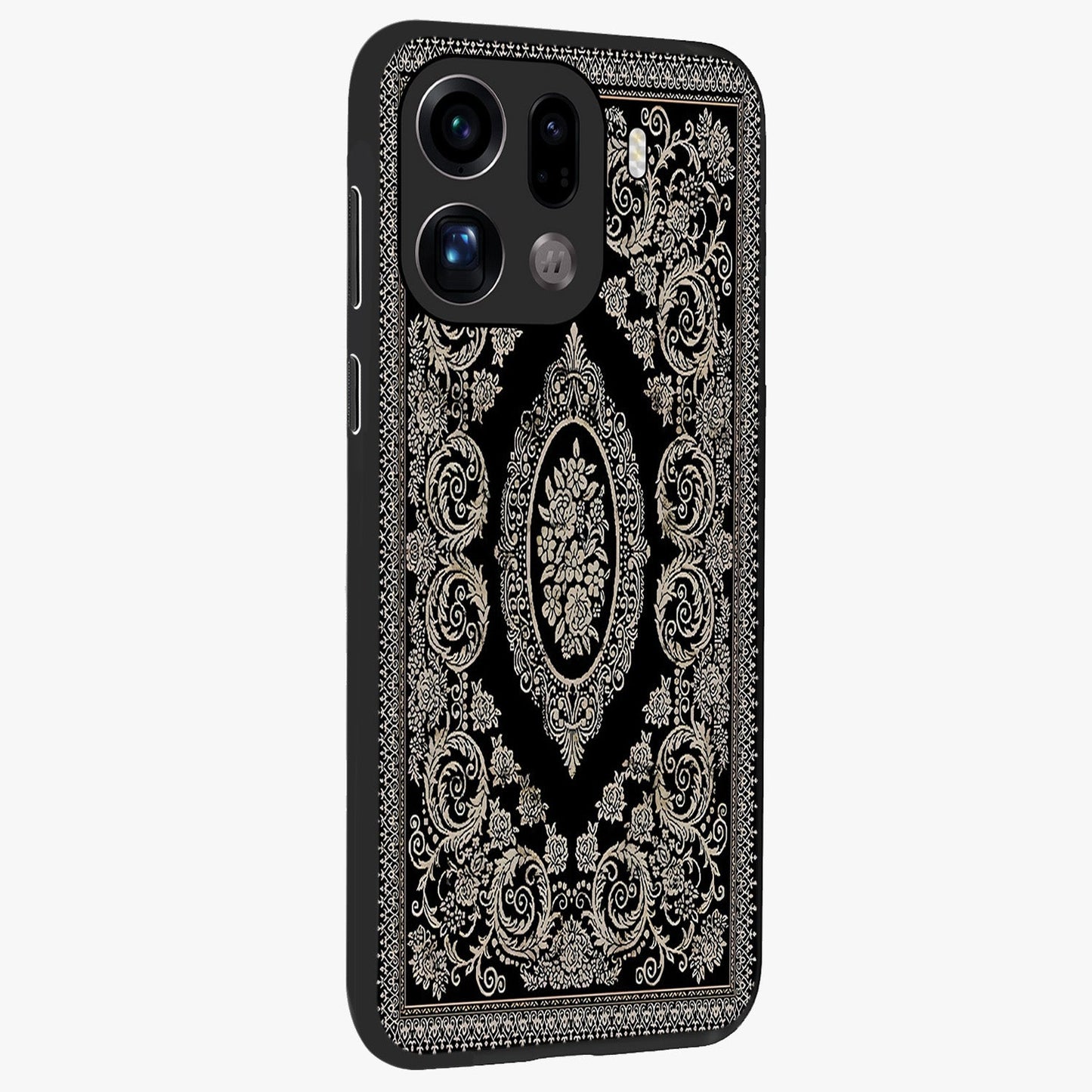 Noir Bloom Elegance Glass Case upright view showcasing graceful floral artwork with luxurious dark theme.