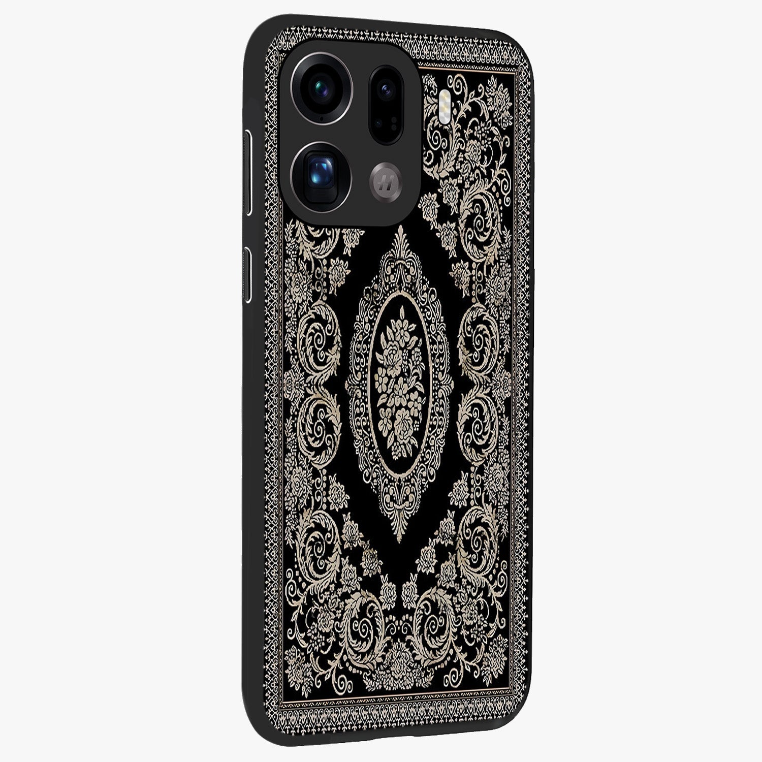 Noir Bloom Elegance Glass Case upright view showcasing graceful floral artwork with luxurious dark theme.
