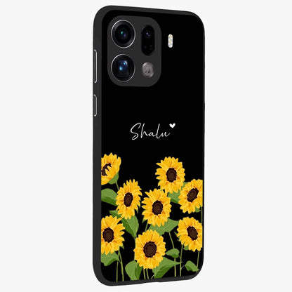 Sunflower Chic Mood Custom Name Glass Case upright view showcasing cheerful sunflower artwork with trendy floral theme.