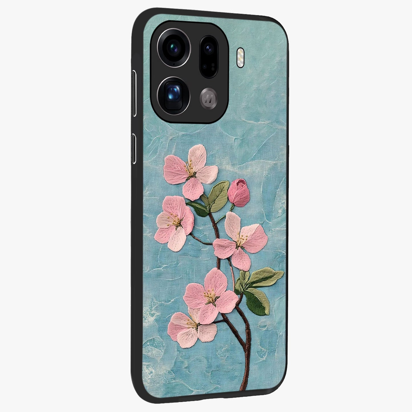 Threaded Blossom Breeze Glass Case upright view showcasing graceful flower artwork with calm botanical theme.