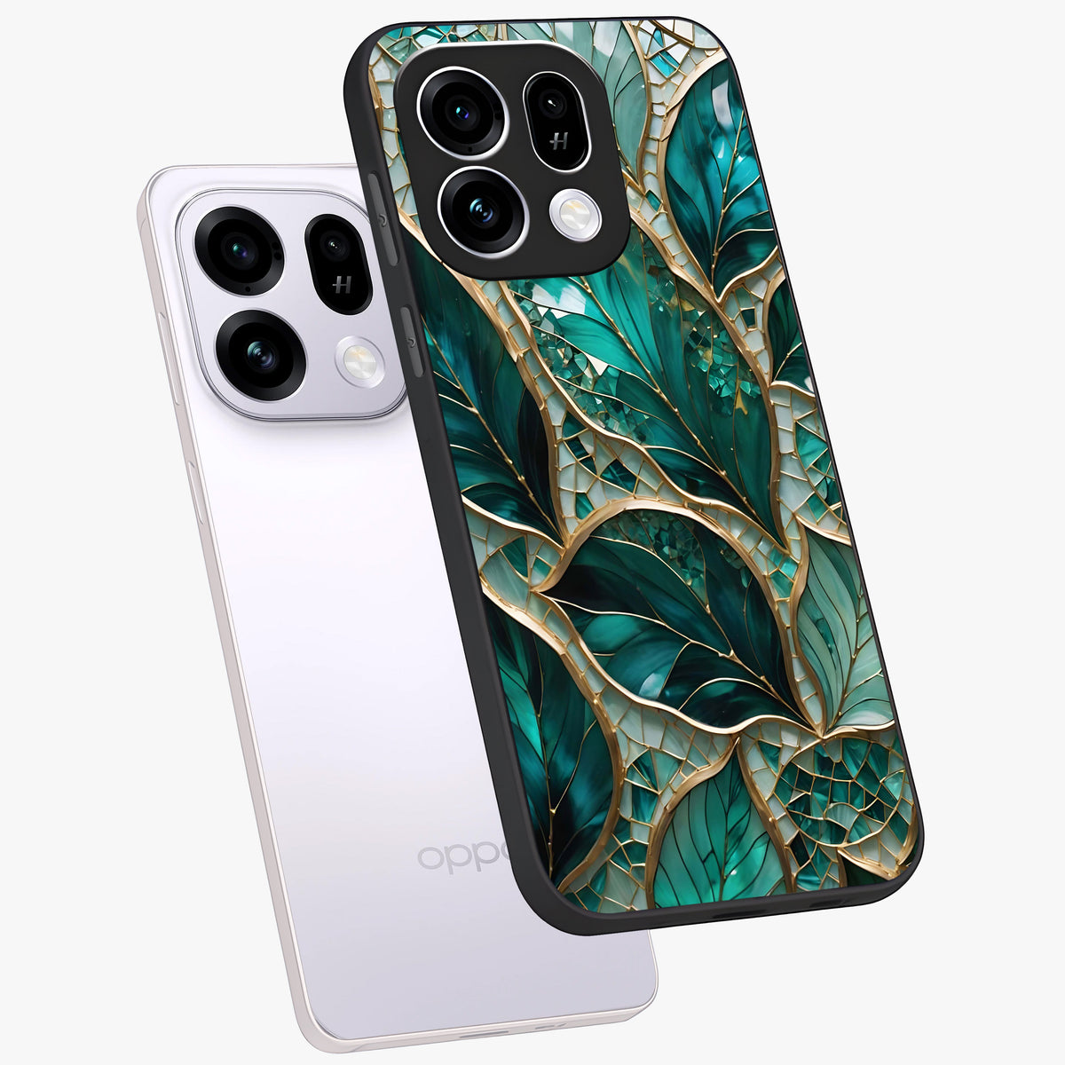 Emerald Leaf Glass Glass Case displayed in angled mockup highlighting botanical leaf illustration with elegant natural aesthetic.