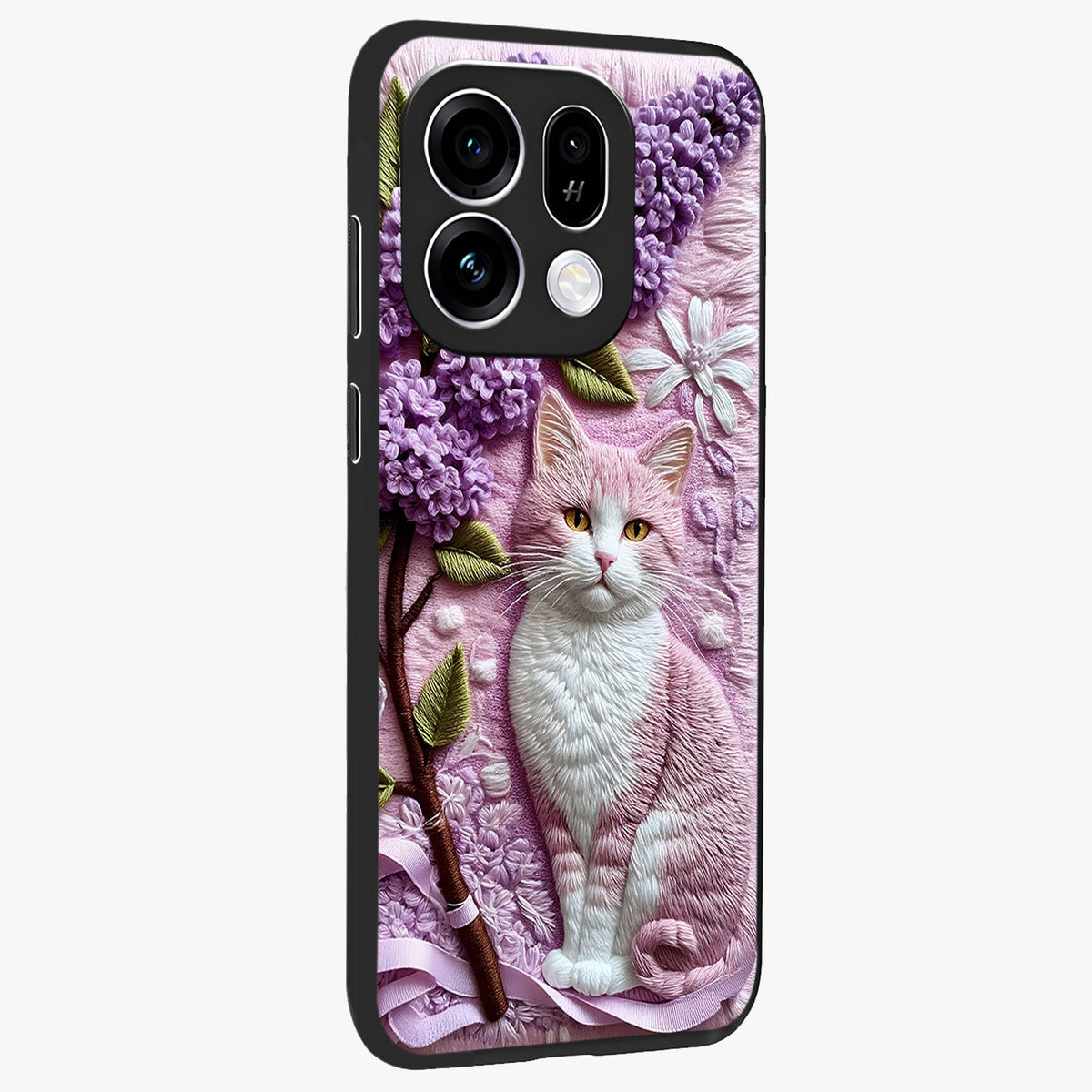Lavender Cat Whimsy Glass Case upright view showcasing charming cat artwork with whimsical lavender theme.