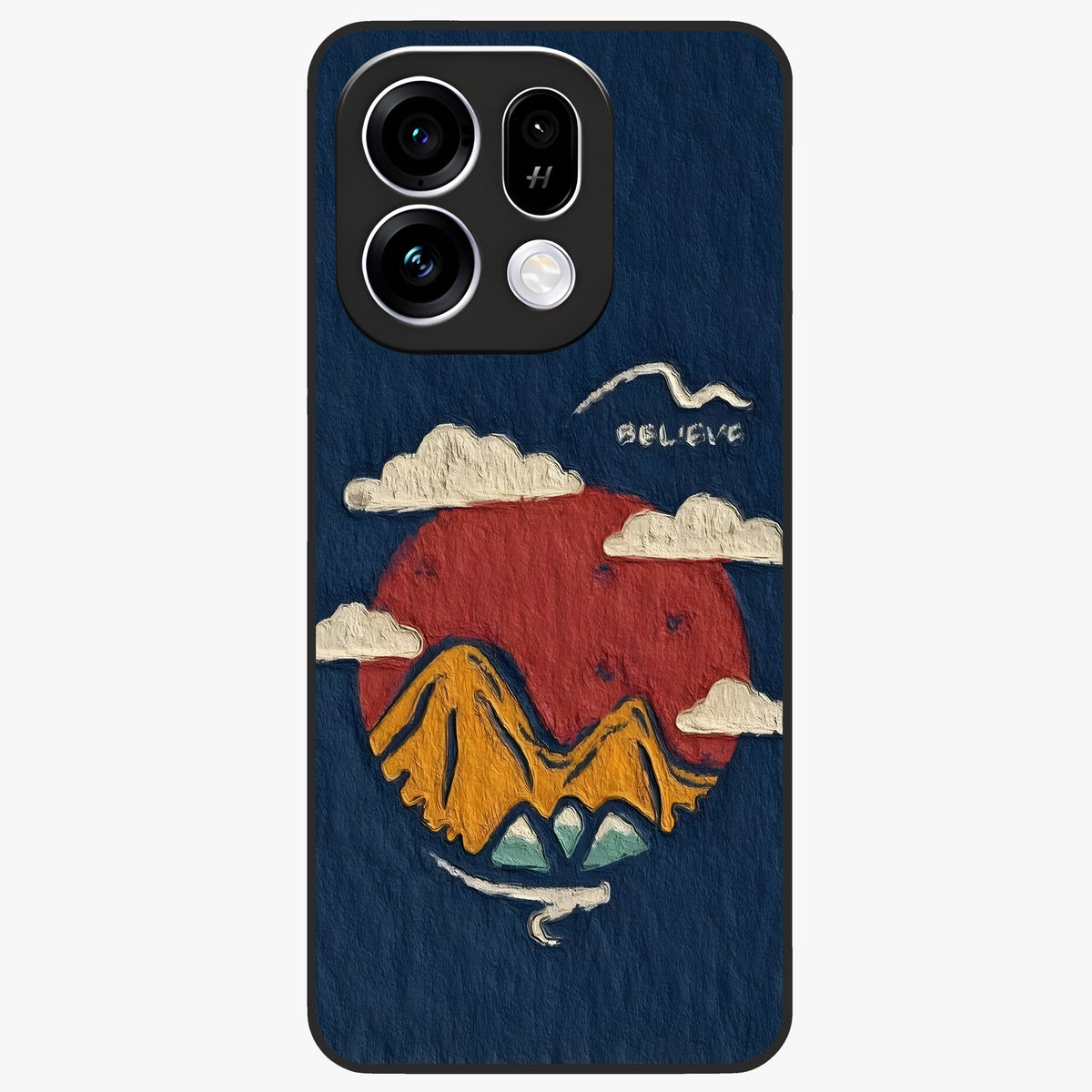Dream Beyond Mountains Glass Case showing flat back view with scenic mountain landscape artwork and glossy glass finish.