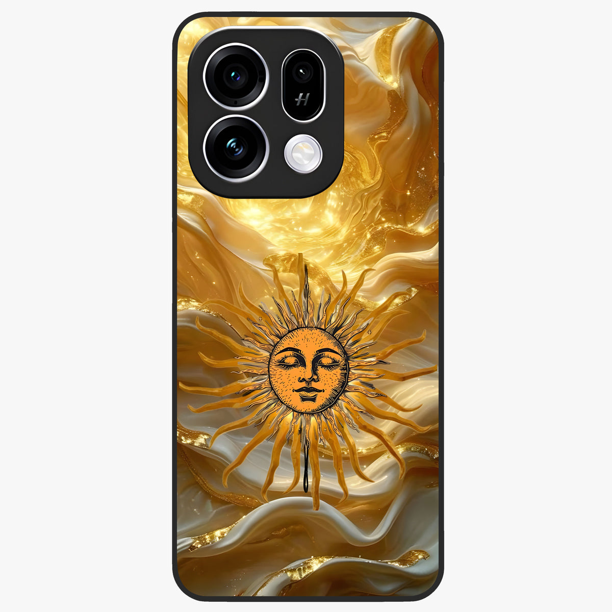 Eternal Golden Glow Glass Case showing flat back view with radiant golden themed artwork and glossy glass finish.