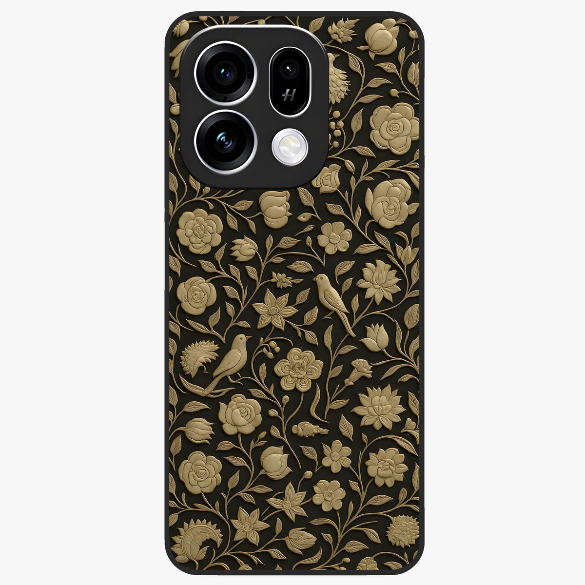 Golden Floral Majesty Glass Case showing flat back view with luxurious golden floral artwork and glossy glass finish.