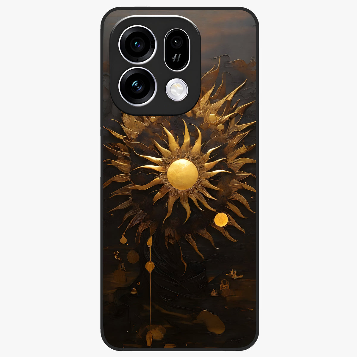Golden Sun Majesty Glass Case showing flat back view with radiant golden sun artwork and glossy glass finish.