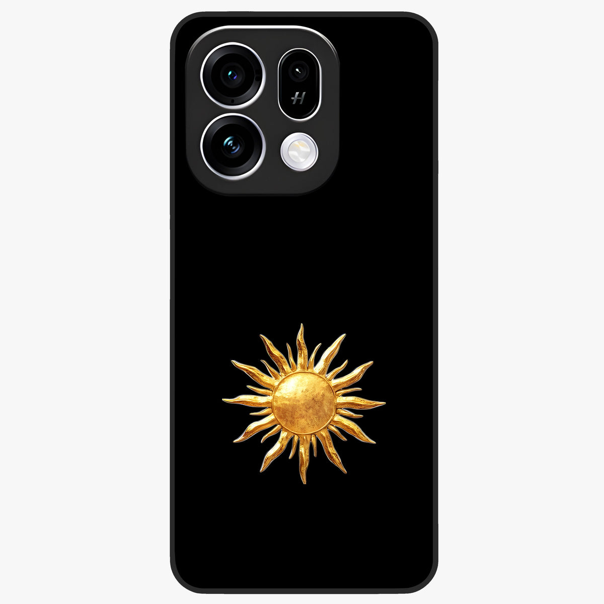 Golden Sun Minimalism Glass Case showing flat back view with minimal golden sun artwork and glossy glass finish.