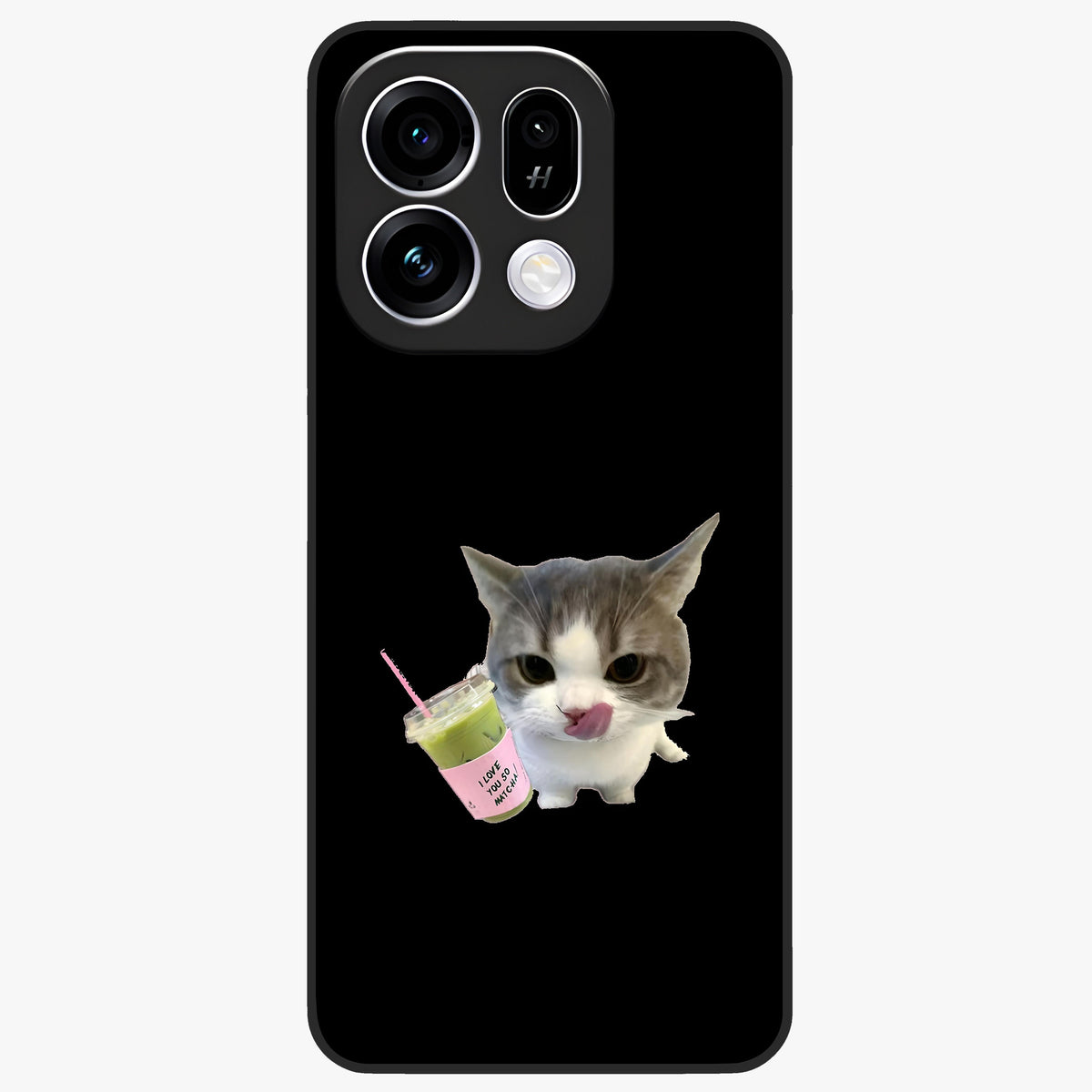 Matcha Cat Style Glass Case showing flat back view with cute matcha themed cat artwork and glossy glass finish.