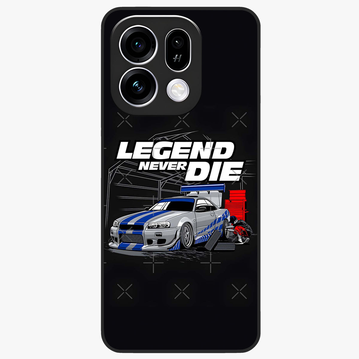 Midnight Racing Legacy Glass Case showing flat back view with sleek racing inspired artwork and glossy glass finish.