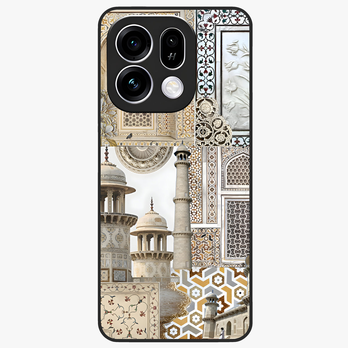 Mughal Marble Legacy Glass Case showing flat back view with intricate Mughal inspired marble pattern and glossy glass finish.