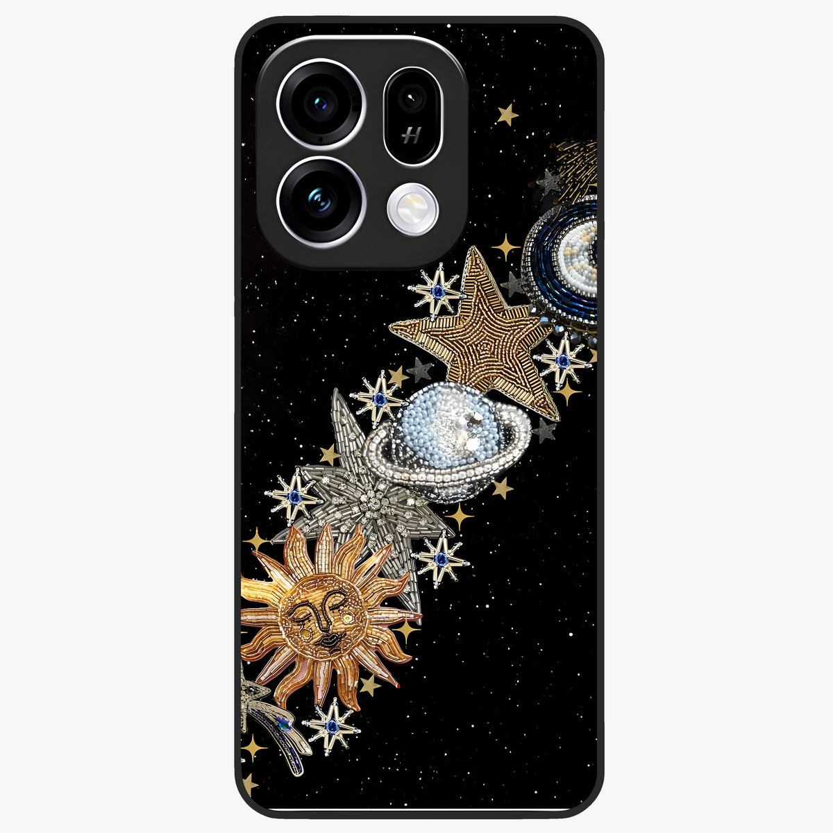 Pearls Universe Object Glass Case showing flat back view with pearl inspired cosmic artwork and glossy glass finish.