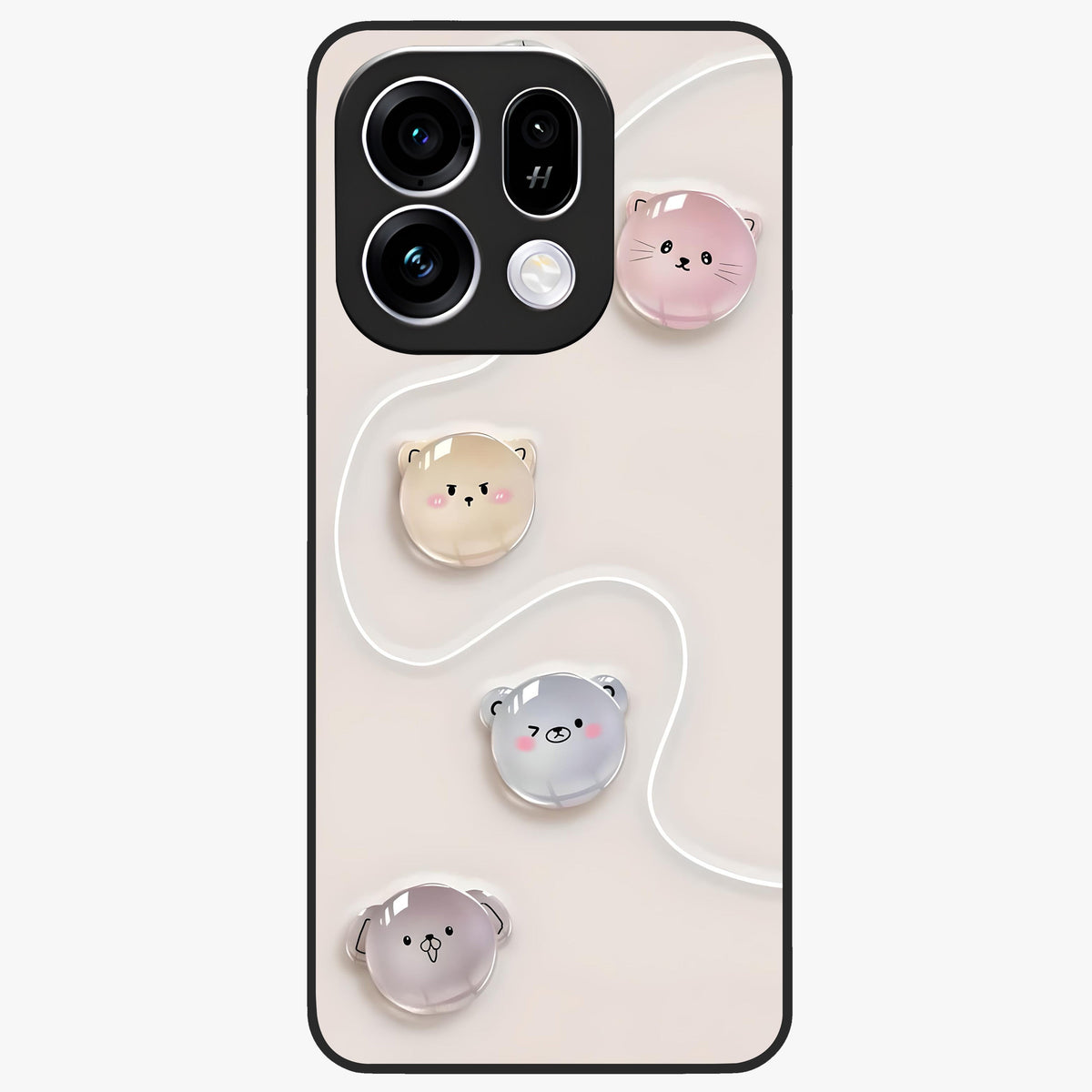 Puffy Face Parade Glass Case showing flat back view with cute puffy character faces artwork and glossy glass finish.