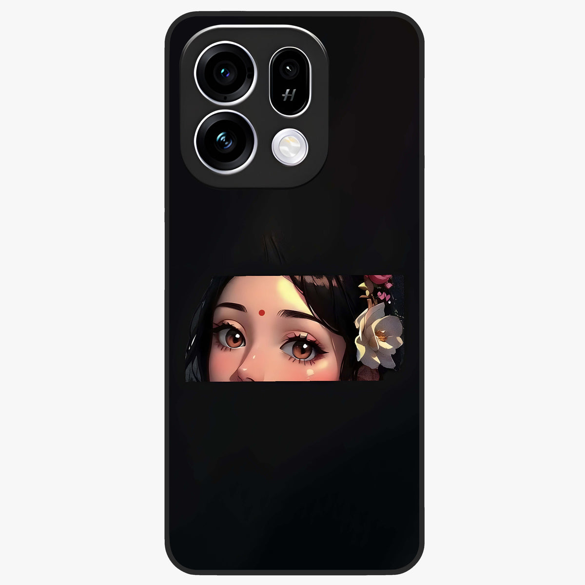 Radha Divine Embrace Glass Case showing flat back view with devotional Radha artwork and glossy glass finish.