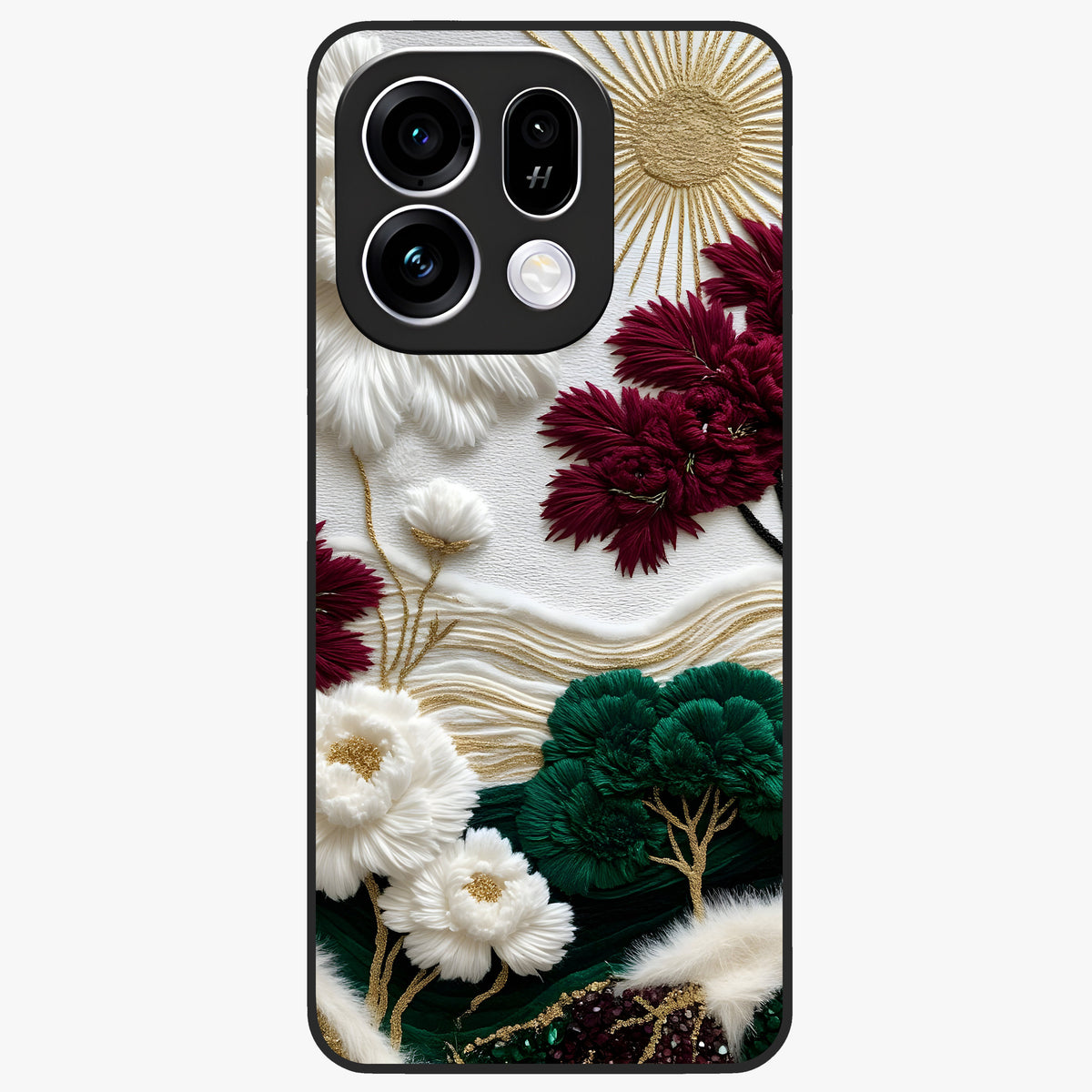 Radiant Bloom Elegance Glass Case showing flat back view with elegant blooming flower artwork and glossy glass finish.