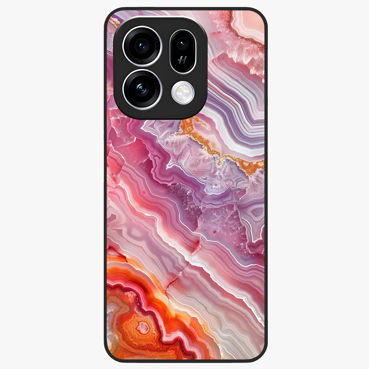 Rose Quartz Marble Glass Case showing flat back view with pink marble quartz texture artwork and glossy glass finish.