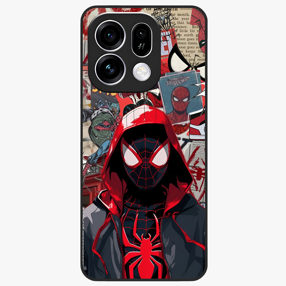 Spider Collage Street Glass Case showing flat back view with vibrant superhero collage artwork and glossy glass finish.