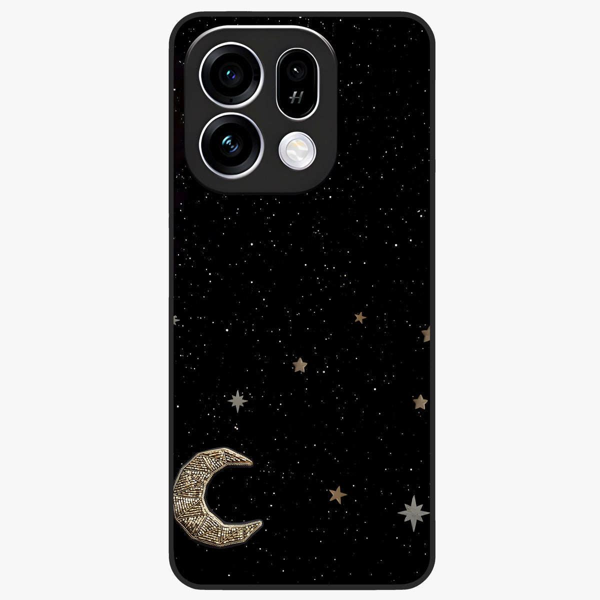 Twinkle Star With Half Moon Glass Case showing flat back view with star and half moon artwork and glossy glass finish.