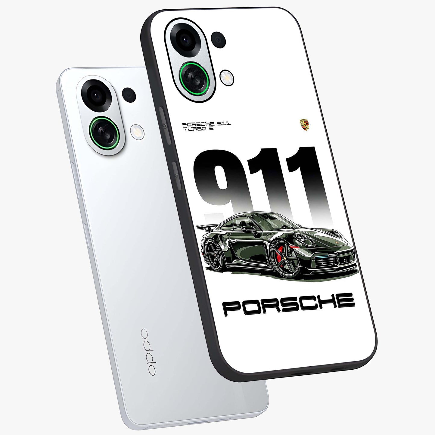 911 Turbo Dominance Glass Case displayed in premium angled mockup highlighting sporty car illustration and sleek glass surface.