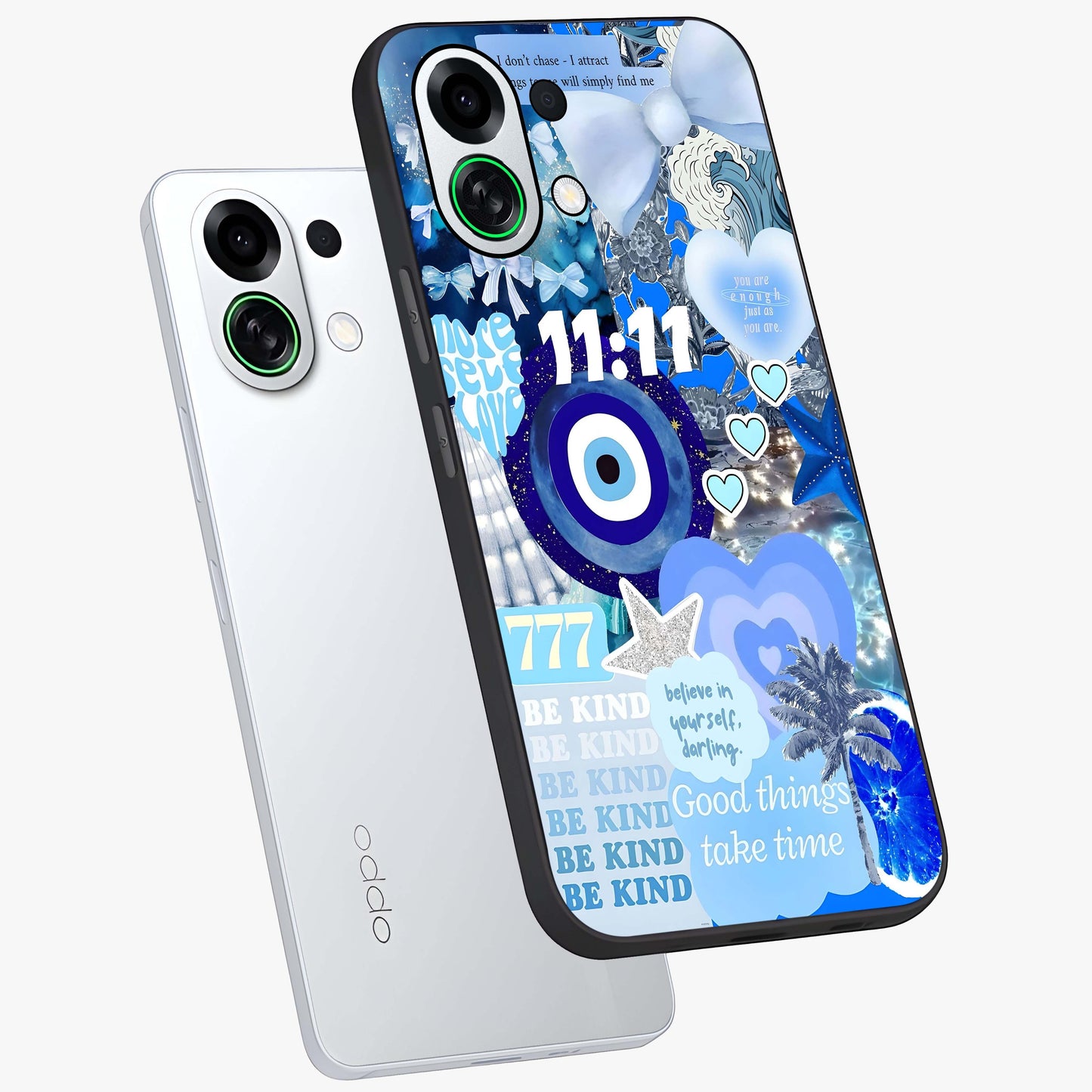 Aesthetic Be Kind Eye Glass Case displayed in angled mockup highlighting aesthetic eye design and inspirational vibe.