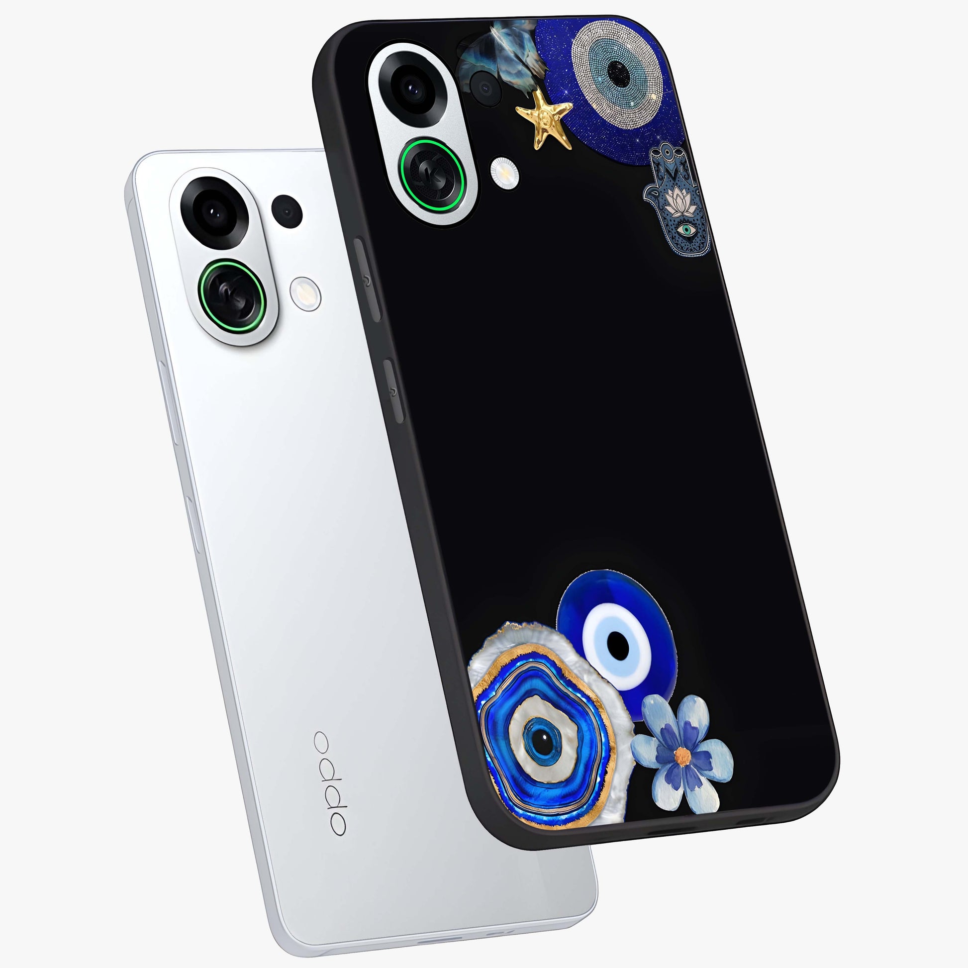 Aesthetic Blue Evil Eye Glass Case displayed in angled mockup highlighting blue evil eye symbol and spiritual aesthetic design.